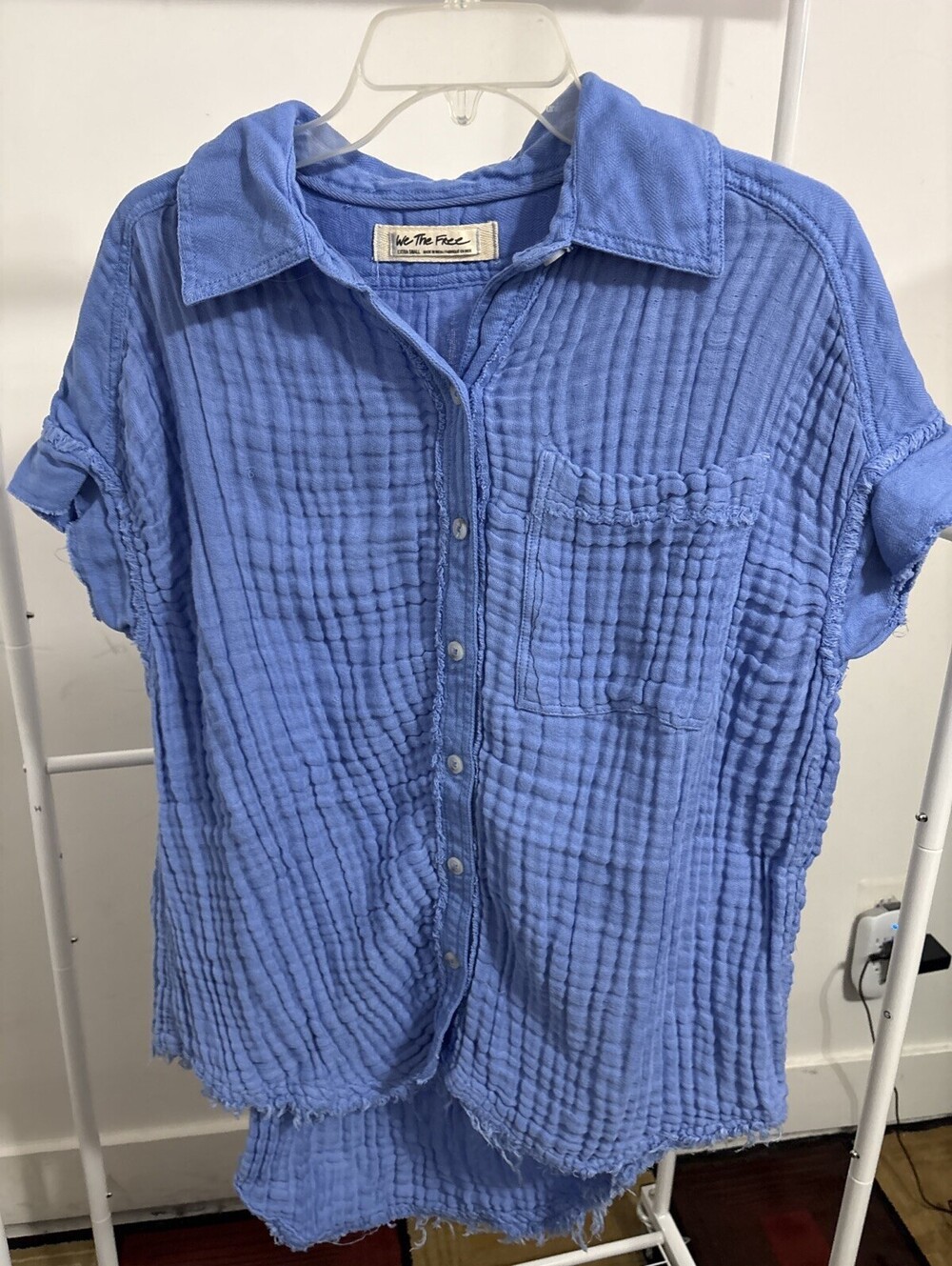 We The Free People Blue Gauze Button Up Shirt Raw Hem Boho Oversized XS NWOT NEW